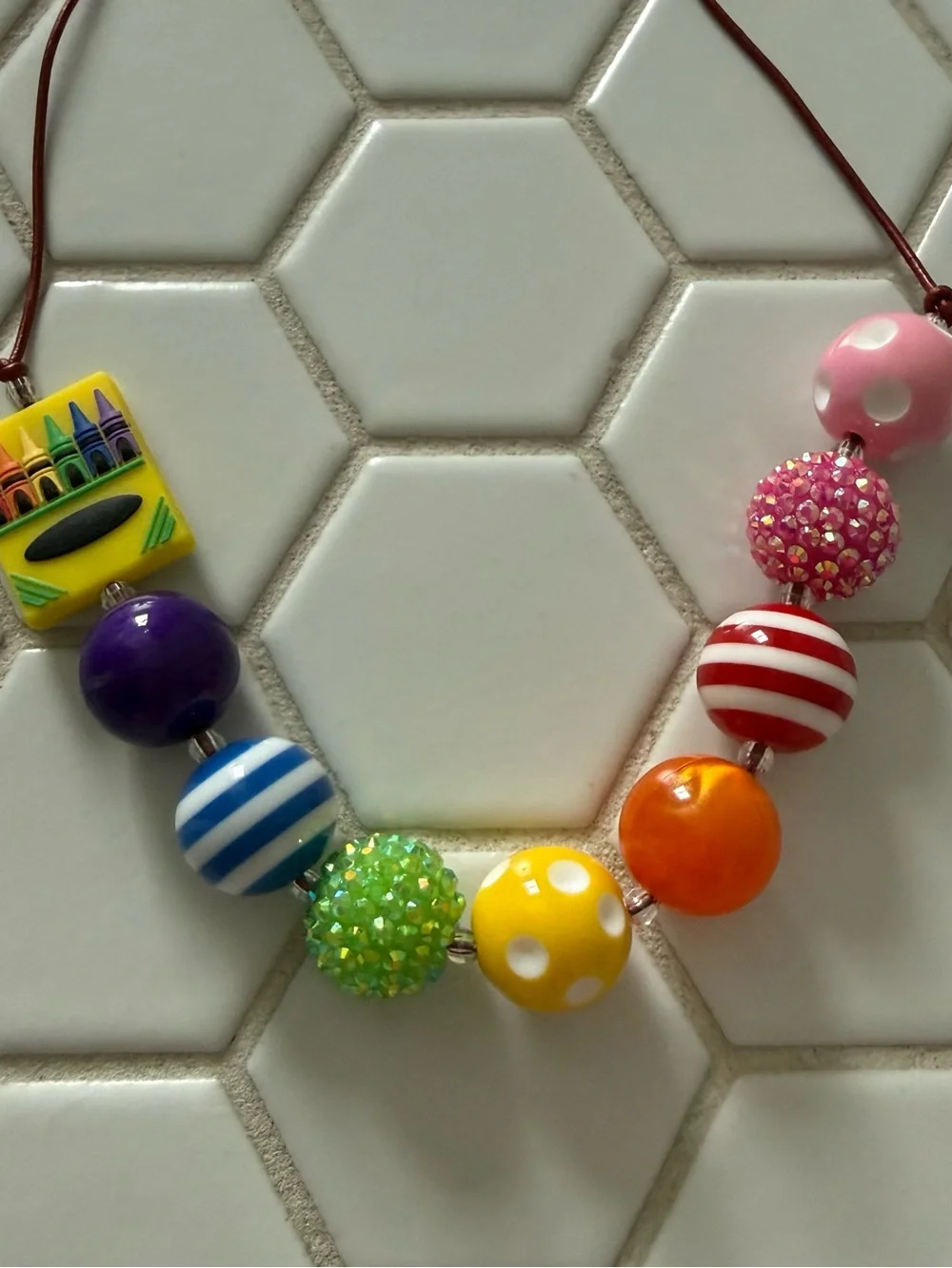 Colorful Chunky Bead Necklace with Crayon Tile Accent